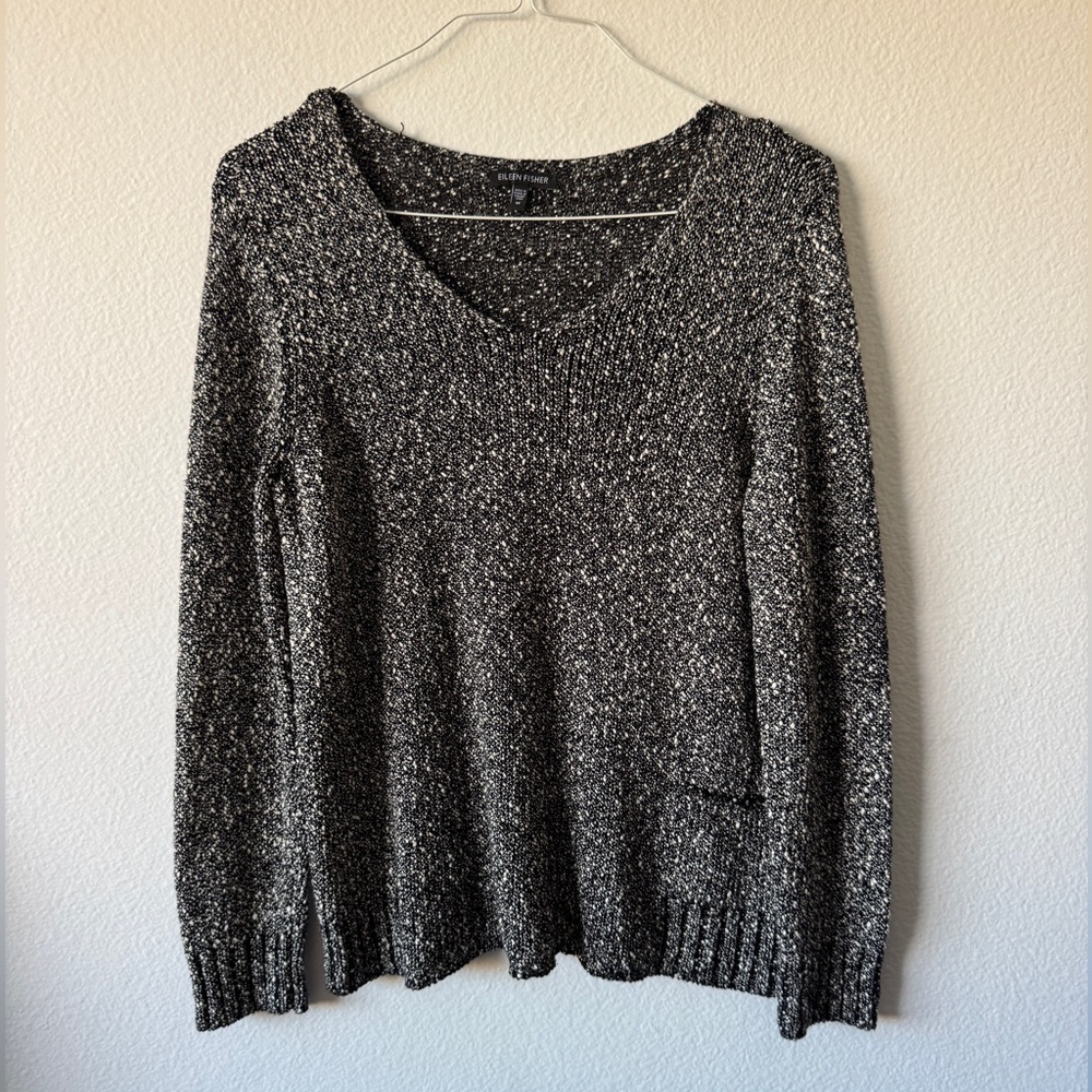Eileen Fisher Black and Gray V-Neck Sweater
